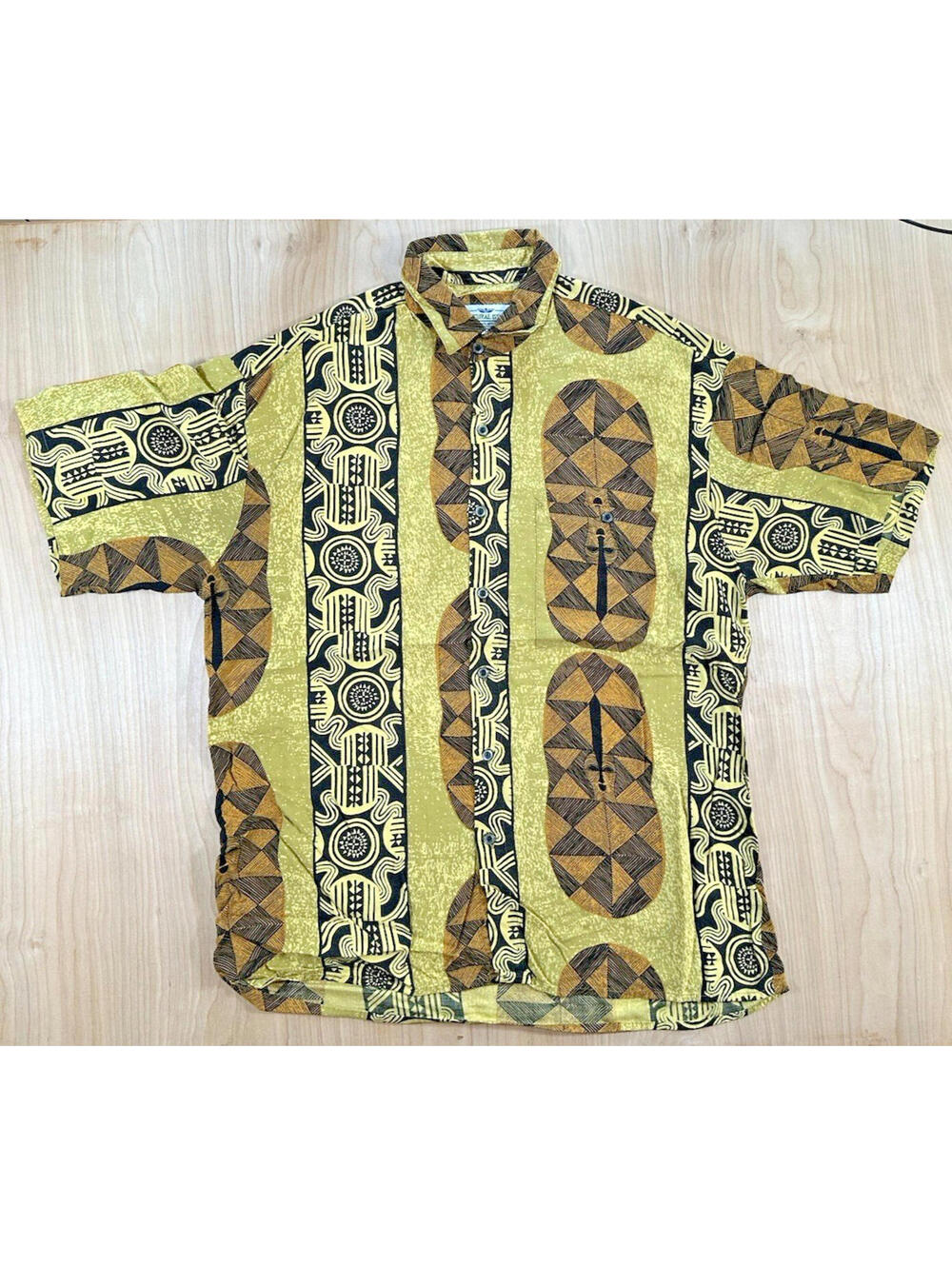 vintage Tiki Shirt button up Medium natural issue Feldini tribal geometric